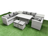 Fimous 8 PCs Rising Dining Table Set Rattan Furniture Set with 3 Seater Sofa Chair 2 Small Footstools 2 Side Tables Light Grey