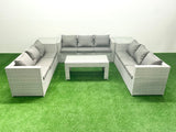 Fimous Rattan Garden Outdoor Furniture Set 9 Seater Garden Sofa Oblong Coffee Table Set with 2 Side Tables Light Grey Mixed