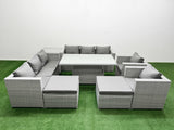 Fimous 8 PCs Rising Dining Table Set Rattan Furniture Set with 3 Seater Sofa Chair 2 Big Footstools Side Table Light Grey