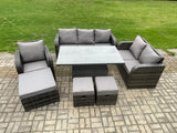 Fimous Rattan Outdoor Furniture Garden Dining Set Patio Height Adjustable Rising lifting Table Reclining Chair Sofa With 3 Footstools Dark Grey Mixed