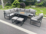 Fimous Aluminum Outdoor Garden Furniture Set Corner Sofa Chair Gas Fire Pit Dining Table Set 2 PC Stools Gas Heater Burner Dark Grey 9 Seater