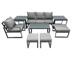 Fimous 7 Seat Outdoor Garden Furniture Set Aluminium Lounge 3 Seat Sofa Oblong Coffee Table Sets with Chair 3 Stools 2 Side Tables Dark Grey