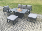 Fimous Aluminium 5 Pieces Garden Furniture Sofa Set with Cushions Gas Fire Pit Dining Table Set with 2 Big Footstools Dark Grey