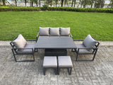 Fimous 6-Piece Aluminium Garden Furniture Sets 7 Seater Outdoor Sofa Set with Adjustable Rising Lifting Dining Table 2 Chairs 2 Small Footstools