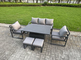 Fimous 6-Piece Aluminium Garden Furniture Sets 7 Seater Outdoor Sofa Set with Adjustable Rising Lifting Dining Table 2 Chairs 2 Small Footstools