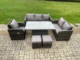 Fimous Outdoor Rattan Furniture Garden Dining Set Patio Height Adjustable Rising lifting Table Reclining Chair Sofa With 2 Small Footstools Dark Grey Mixed