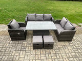 Fimous Outdoor Rattan Furniture Garden Dining Set Patio Height Adjustable Rising lifting Table Reclining Chair Sofa With 2 Small Footstools Dark Grey Mixed