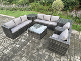 Fimous 8 Seater Rattan Garden Furniture Sofa Set with 2 Armchairs Square Coffee Table 2 Side Tables Indoor Side Table Outdoor Rattan Set Dark Grey Mixed