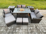 Fimous 8 Seater Rattan Outdoor Garden Furniture Gas Fire Pit Table Sets Gas Heater with Love Sofa Armchair 3 Footstools 2 Side Tables Dark Mixed Grey