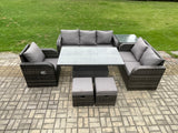 Fimous Outdoor Rattan Furniture Garden Dining Set Patio Height Adjustable Rising lifting Table Reclining Chair Sofa With Side Table 2 Small Footstools Dark Grey Mixed