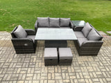 Fimous Outdoor Rattan Furniture Garden Dining Set Patio Height Adjustable Rising lifting Table Reclining Chair Sofa With Side Table 2 Small Footstools Dark Grey Mixed
