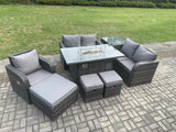 Fimous Outdoor Sofa Rattan Garden Furniture Set Patio Gas Fire Pit Dining Table and Reclining Chair set with Side Table 3 Footstools Dark Grey Mixed