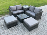Fimous 6 Seater High Back Rattan Garden Furniture Set with Square Coffee Table 2 Big Footstool Love Sofa Indoor Outdoor Patio Lounge Sofa Set Dark Grey Mixed