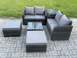 Fimous 6 Seater High Back Rattan Garden Furniture Set with Square Coffee Table 2 Big Footstool Love Sofa Indoor Outdoor Patio Lounge Sofa Set Dark Grey Mixed