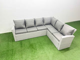 Fimous 9 Seater Garden Outdoor Rattan Furniture Set Rattan Corner Sofa Oblong Dining Table with Armchair 2 Big Footstools Light Grey Mixed