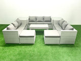 Fimous Rattan Garden Outdoor Furniture Set 11 Seater Garden Sofa Oblong Coffee Table Set with 2 Big Footstools 2 Side Tables Light Grey Mixed
