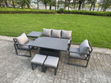 Fimous 7-Piece Aluminium Garden Furniture Sets 7 Seater Outdoor Sofa Set with Adjustable Rising Lifting Dining Table 2 Chairs 2 Small Footstools Side Table