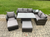 Fimous Rattan Outdoor Furniture Garden Dining Set Patio Height Adjustable Rising lifting Table Reclining Chair Sofa With Side Tables 2 Big Footstool Dark Grey Mixed