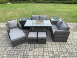 Fimous Outdoor Sofa Rattan Garden Furniture Set Patio Gas Fire Pit Dining Table and Reclining Chair set with 2 Side Tables 3 Footstools Dark Grey Mixed