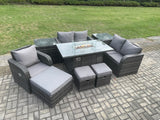 Fimous Outdoor Sofa Rattan Garden Furniture Set Patio Gas Fire Pit Dining Table and Reclining Chair set with 2 Side Tables 3 Footstools Dark Grey Mixed