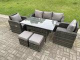 Fimous Dark Grey PE Wicker Rattan Garden Furniture Set 3 Seater Lounge Sofa Reclining Chair Outdoor Rectangular Dining Table With 2 Stools 7 Seater