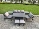 Fimous 8-Piece Aluminium Garden Furniture Sets 7 Seater Outdoor Sofa Set with Adjustable Rising Lifting Dining Table 2 Chairs 2 Small Footstools 2 Side Tables
