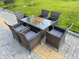 Fimous Rattan Garden Furniture Dining Set 6-seater Patio Rectangular Gas Firepit Table Chairs Outdoor Dark Grey Mixed