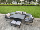 Fimous 8-Piece Aluminium Garden Furniture Sets 7 Seater Outdoor Sofa Set with Adjustable Rising Lifting Dining Table 2 Chairs 2 Small Footstools 2 Side Tables