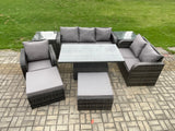 Fimous 8 Seater Outdoor Rattan Garden Furniture Set Height Adjustable Rising lifting Dining Table Love Sofa Chair With 2 Side Tables 2 Big Footstool Dark Grey Mixed