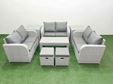 Fimous  8 Seater PE Wicker Rattan Furniture Sofa Sets with Oblong Coffee Table 2 Seater Love Sofa 2 Stool 2 Side Table Light Grey