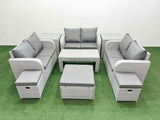 Fimous  9 Seater PE Wicker Rattan Furniture Sofa Sets with Oblong Coffee Table 2 Seater Love Sofa 3 Stool 2 Side Table Light Grey