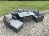 Fimous Rattan Garden Furniture Set with Gas Fire Pit Dining Table,2 Side Tables and Big Footstool Indoor Outdoor 7 piece Loveseat Sofa set