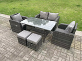 Fimous Dark Grey PE Wicker Rattan Garden Furniture Set Love Sofa Reclining Chair Outdoor Rectangular Dining Table Stools 6 Seater