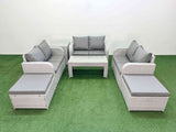 Fimous  8 Seater PE Wicker Rattan Furniture Sofa Sets with Oblong Coffee Table 2 Seater Love Sofa 2 Big Footstool Side Table Light Grey