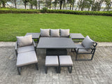 Fimous Aluminium Garden Furniture Sets 8 Seater Outdoor Sofa Set with Adjustable Rising Lifting Dining Table 2 Chairs 3 Footstools 2 Side Tables