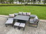 Fimous Aluminium Garden Furniture Sets 8 Seater Outdoor Sofa Set with Adjustable Rising Lifting Dining Table 2 Chairs 3 Footstools 2 Side Tables