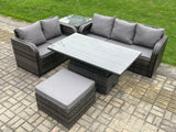 Fimous 6 Seater Outdoor Rattan Garden Furniture Sets Height Adjustable Rising lifting Dining Table Lounge Sofa Set With Side Table Big Footstool Dark Grey Mixed