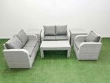 Fimous High Back Poly Rattan Garden Furniture Set with Reclining Chair Loveseat Sofa Oblong Coffee Table Indoor Outdoor Patio  Set 2 Side Table Light Grey