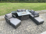 Fimous Outdoor Sofa Rattan Garden Furniture Set Patio Gas Fire Pit Dining Table and Reclining Chair set with 2 Side Tables 2 Big Footstool Dark Grey Mixed