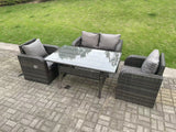 Fimous Dark Grey PE Wicker Rattan Garden Furniture Set Love Sofa Reclining Chair Outdoor Rectangular Dining Table 4 Seater