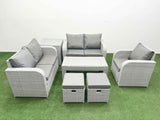 Fimous High Back Poly Rattan Garden Furniture Set with Reclining Chair Loveseat Sofa Oblong Coffee Table Indoor Outdoor Patio  Set 2 Stool Side Table Light Grey