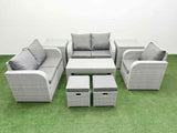 Fimous High Back Poly Rattan Garden Furniture Set with Reclining Chair Loveseat Sofa Oblong Coffee Table Indoor Outdoor Patio  Set 2 Stool 2 Side Table Light Grey