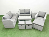 Fimous High Back Poly Rattan Garden Furniture Set with Reclining Chair Loveseat Sofa Oblong Coffee Table Indoor Outdoor Patio  Set 3 Stools 2 Side Table Light Grey