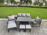 Fimous Aluminium Garden Furniture Sets 8 Seater Outdoor Sofa Set with Adjustable Rising Lifting Dining Table 2 Chairs 3 Footstools Side Table
