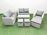 Fimous High Back Poly Rattan Garden Furniture Set with Reclining Chair Loveseat Sofa Oblong Coffee Table Indoor Outdoor Patio  Set 3 Stools Side Table Light Grey