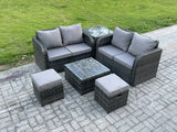 Fimous Rattan Sofa Set Outdoor Garden Furniture Set with Square Coffee Table Loveseat Sofa 2 Small Footstool Side Table Dark Grey Mixed