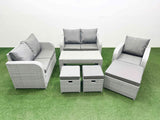 Fimous High Back Poly Rattan Garden Furniture Set with Reclining Chair Loveseat Sofa Oblong Coffee Table Indoor Outdoor Patio  Set 3 Stools Light Grey