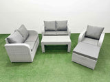 Fimous High Back Poly Rattan Garden Furniture Set with Reclining Chair Loveseat Sofa Oblong Coffee Table Indoor Outdoor Patio  Set Big Stool Light Grey