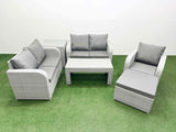 Fimous High Back Poly Rattan Garden Furniture Set with Reclining Chair Loveseat Sofa Oblong Coffee Table Indoor Outdoor Patio  Set Big Stool Side Table Light Grey