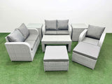 Fimous High Back Poly Rattan Garden Furniture Set with Reclining Chair Loveseat Sofa Oblong Coffee Table Indoor Outdoor Patio  Set 2 Big Stool 2 Side Table Light Grey